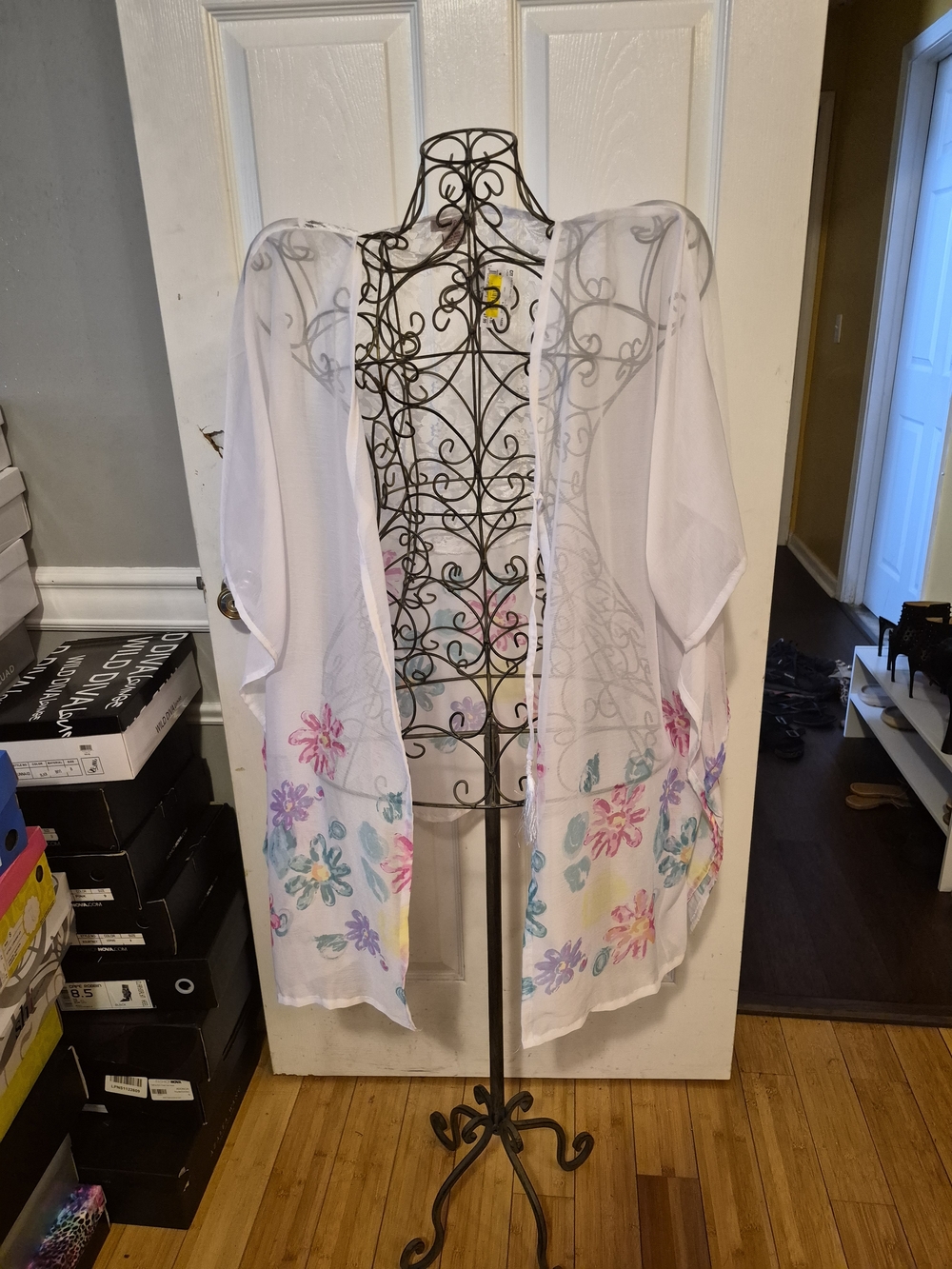 Sheer Floral Kimono Cover-Up in White with Pastel Flowers